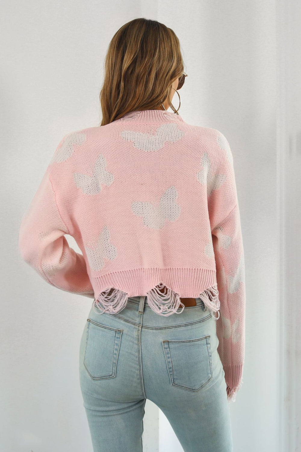 Printed Round Neck Ribbed Long Sleeve Sweater  - Doll Fits