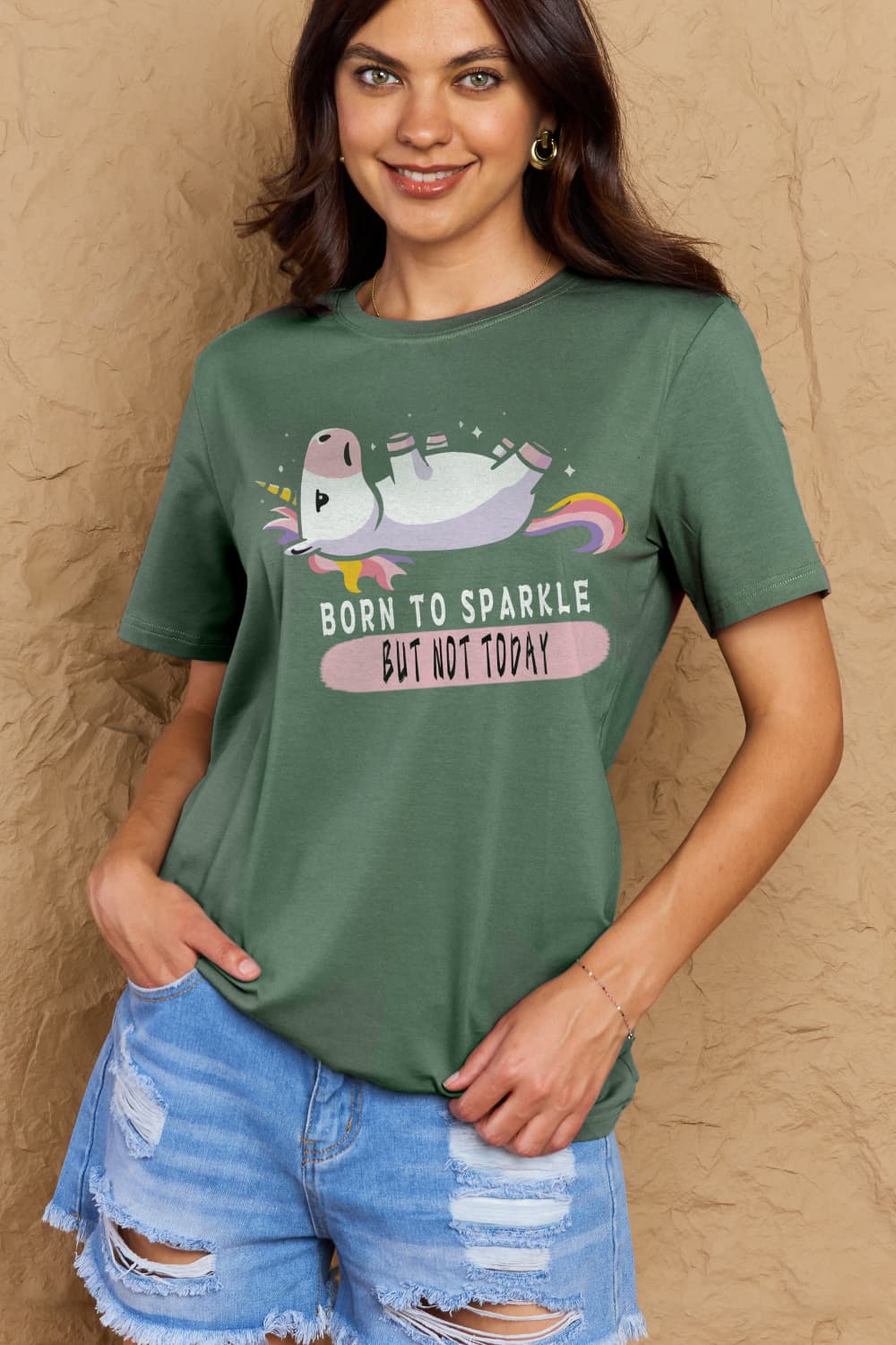 Simply Love Full Size BORN TO SPARKLE BUT NOT TODAY Graphic Cotton Tee  - Doll Fits