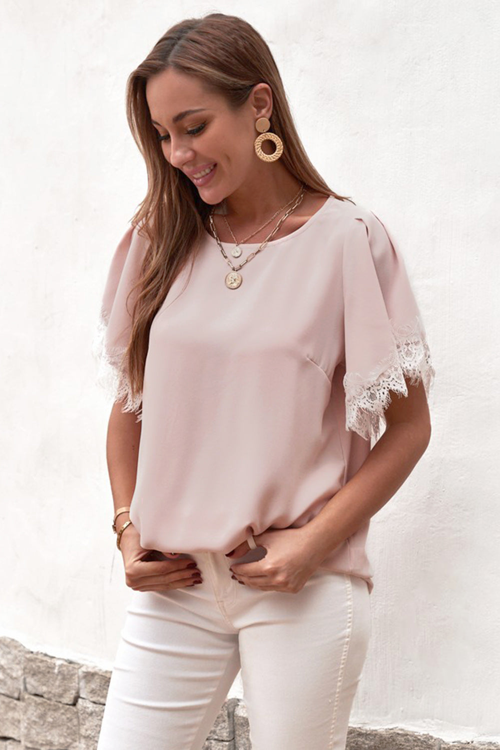 Lace Trim Flutter Sleeve Blouse  Shirts & Tops- Doll Fits