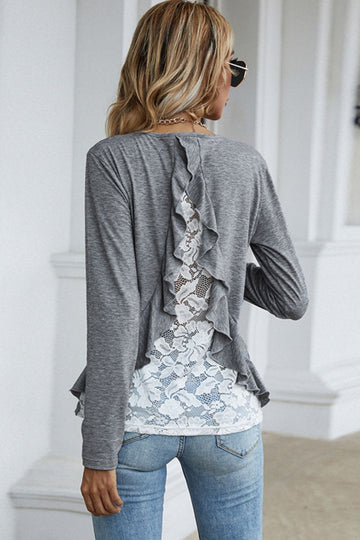 Spliced Lace Ruffled Long Sleeve Tee  Shirts & Tops- Doll Fits