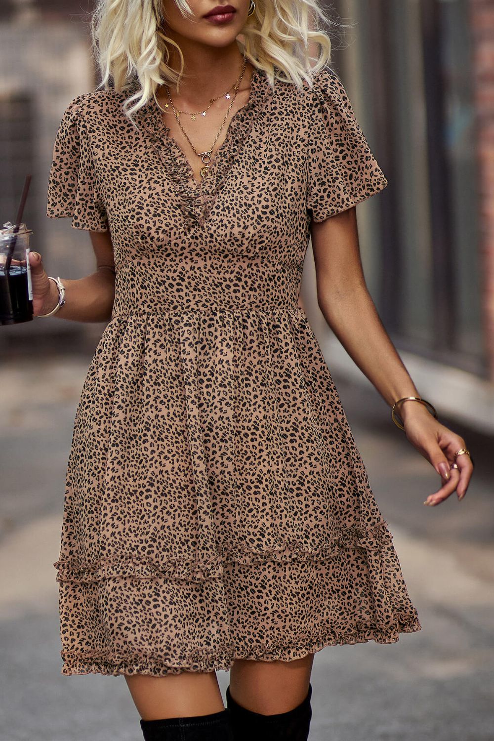 Printed Flutter Sleeve V-Neck Dress  Dresses- Doll Fits