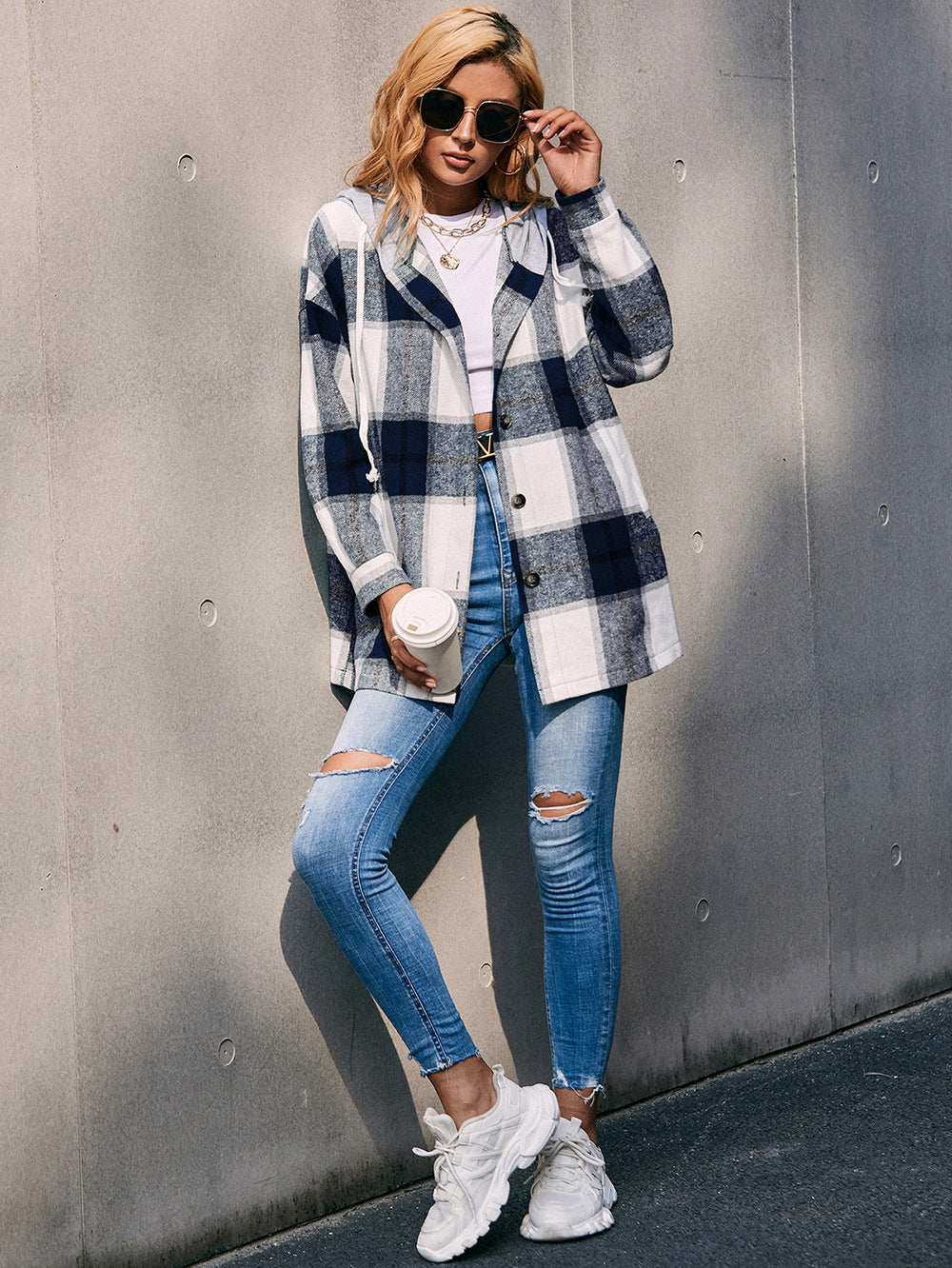 Plaid Dropped Shoulder Hooded Jacket  - Doll Fits