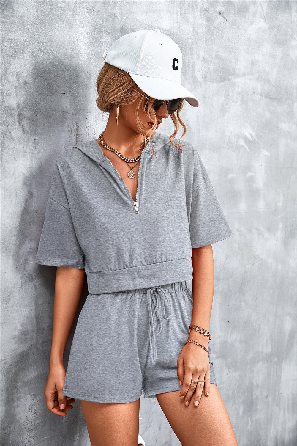 Half Zip Cropped Hooded T-Shirt and Shorts Set  Outfit Sets- Doll Fits