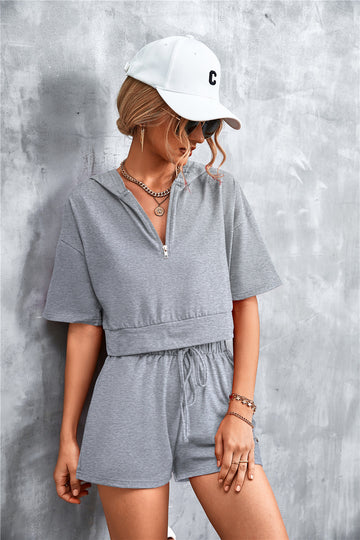 Half Zip Cropped Hooded T-Shirt and Shorts Set  Outfit Sets- Doll Fits