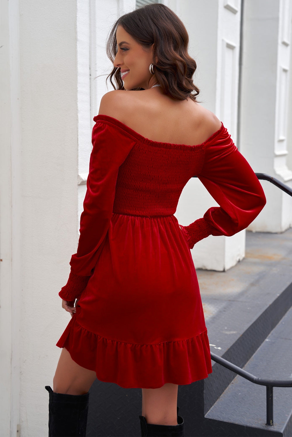 Off-Shoulder Smocked Ruffle Hem Dress  Dresses- Doll Fits