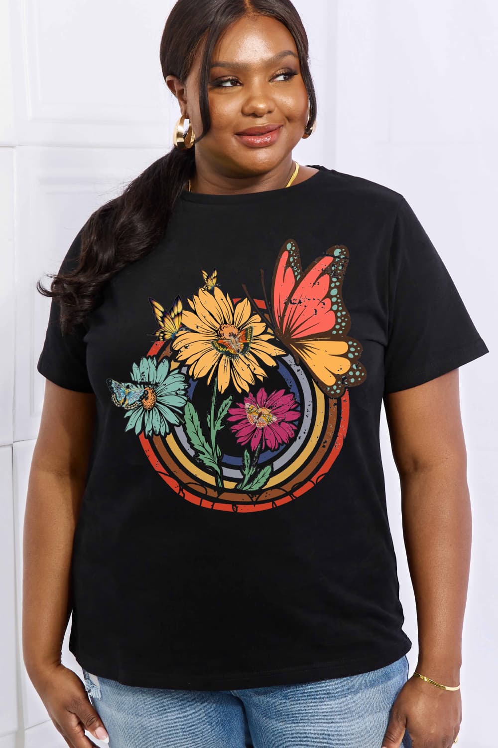 Simply Love Full Size Flower & Butterfly Graphic Cotton Tee  Shirts & Tops- Doll Fits