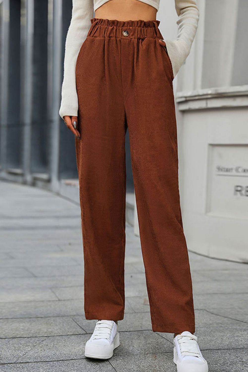 Paperbag Waist Straight Leg Pants with Pockets  Pants- Doll Fits