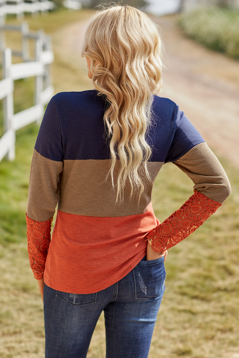 Color Block Spliced Lace Sleeve Ribbed Top  Shirts & Tops- Doll Fits