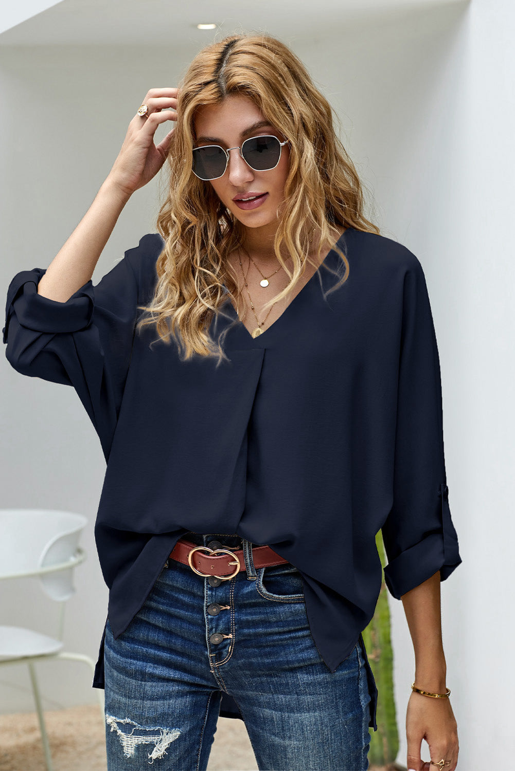 V-Neck Roll-Tab Sleeve Blouse  Shirts & Tops- Doll Fits