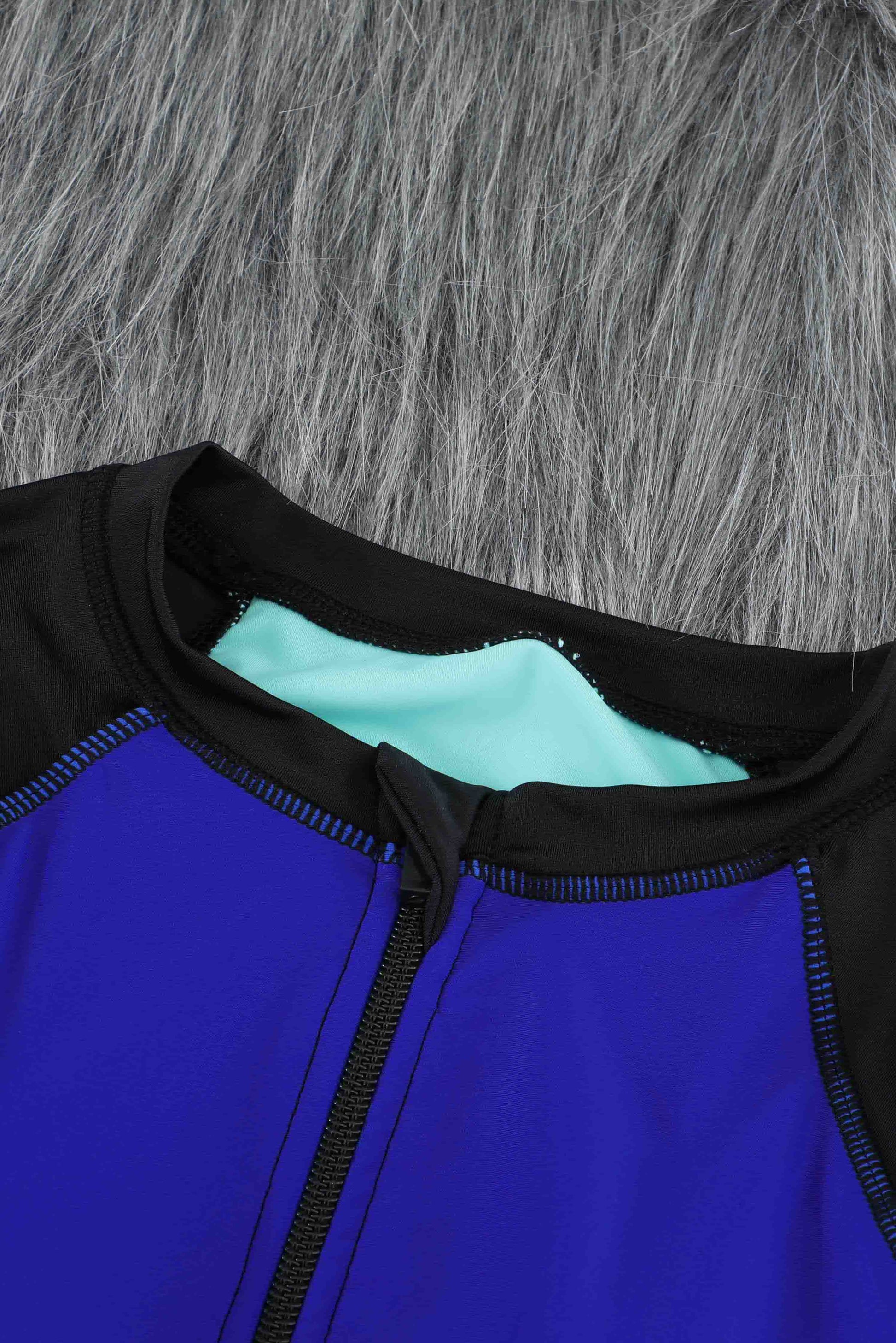 Color Block Half Zip Long Sleeve One-Piece Swimsuit  Swimwear- Doll Fits