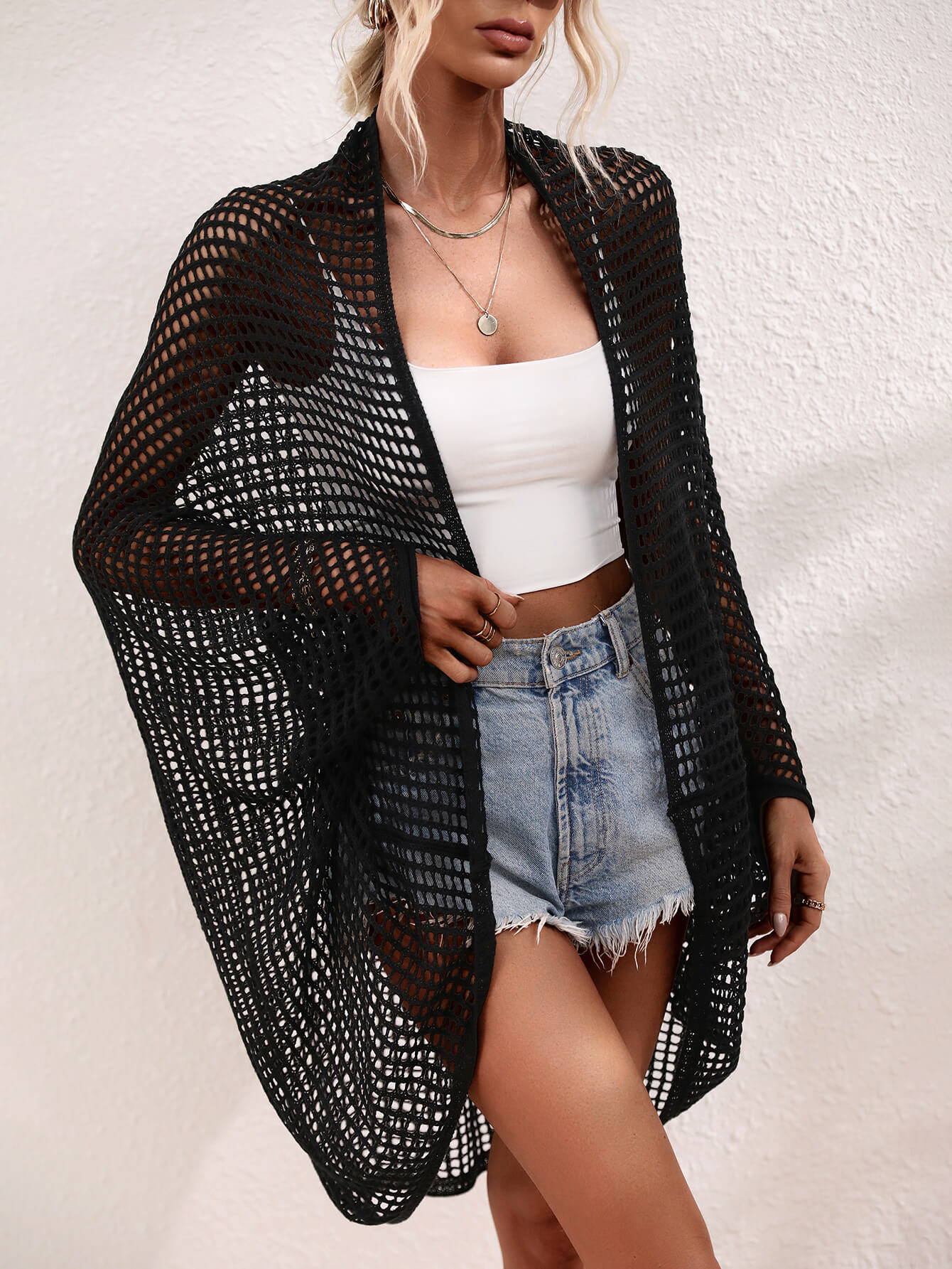 Openwork Open Front Longline Cover Up  Swimwear- Doll Fits