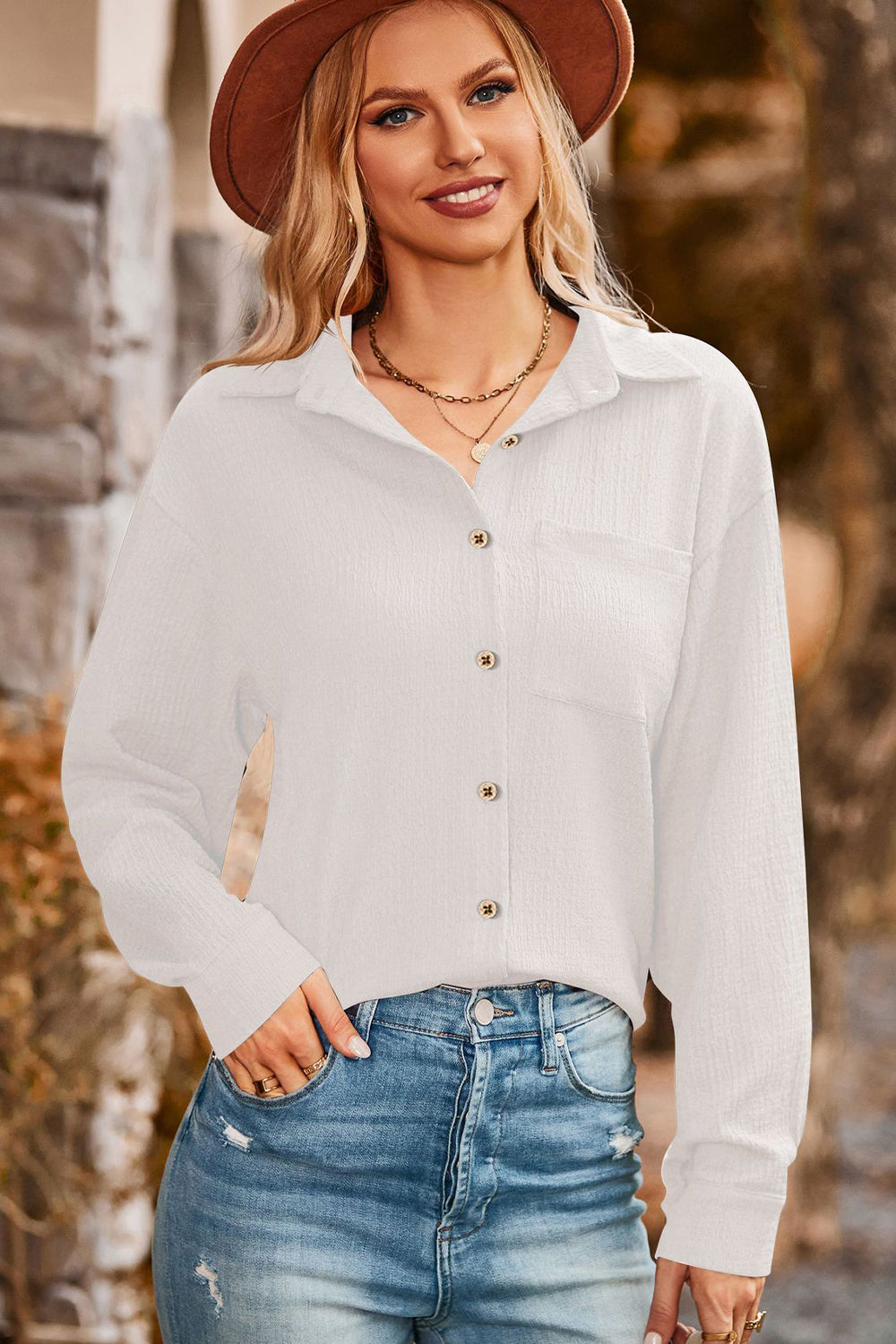 Twisted Collared Neck Long Sleeve Shirt  - Doll Fits
