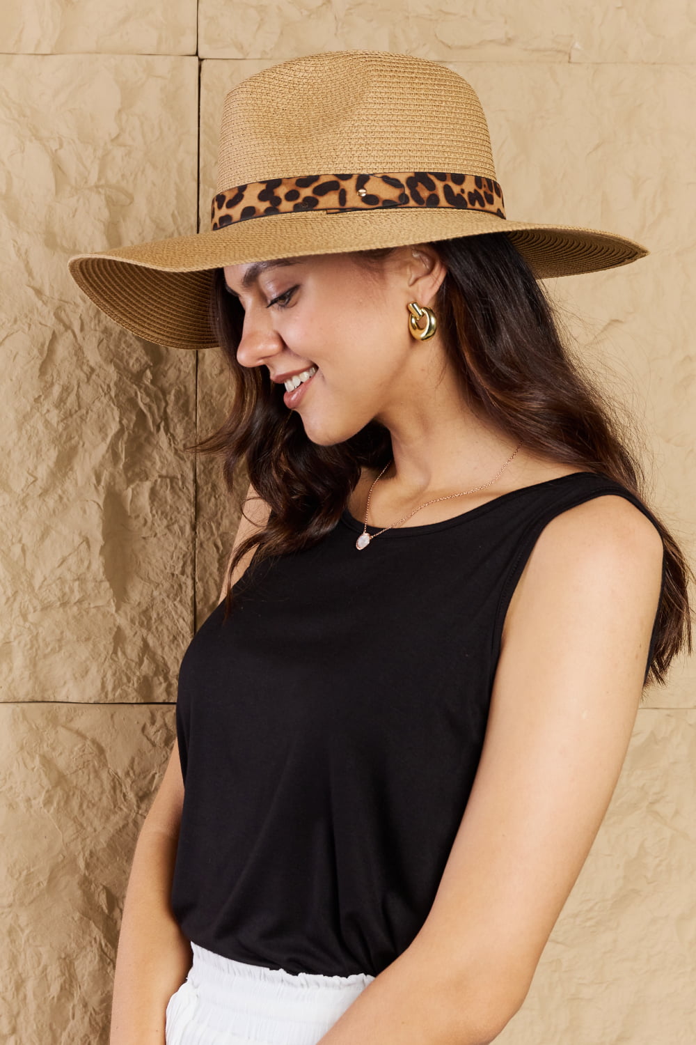 Fame Wild One Leopard Ribbon Straw Hat  - Doll Fits