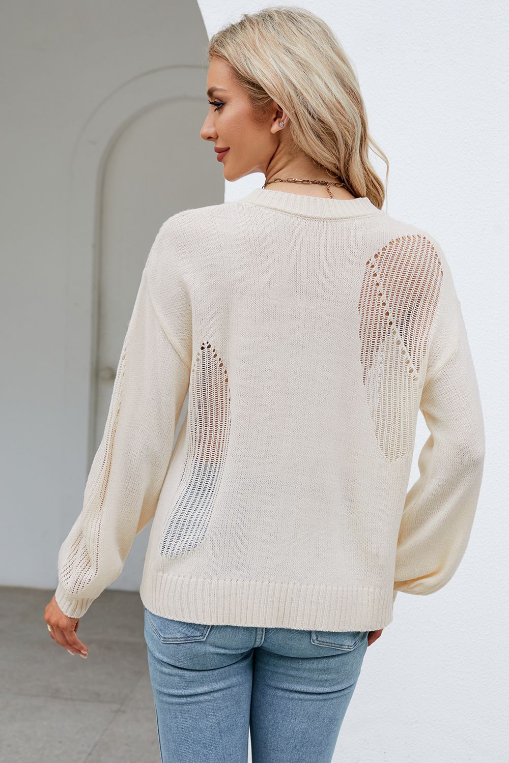 Openwork Round Neck Dropped Shoulder Knit Top  - Doll Fits