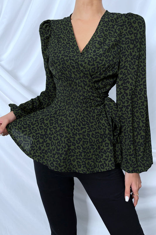 Surplice Neck Leopard Print Side Tie Blouse  - Doll Fits