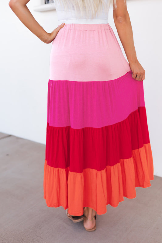 Color Block Tiered Maxi Skirt  Skirts- Doll Fits