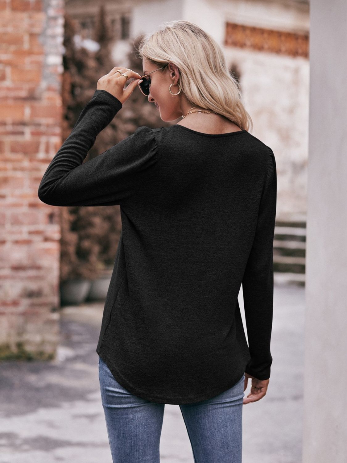 Pleated Detail Curved Hem Long Sleeve Top  Shirts & Tops- Doll Fits