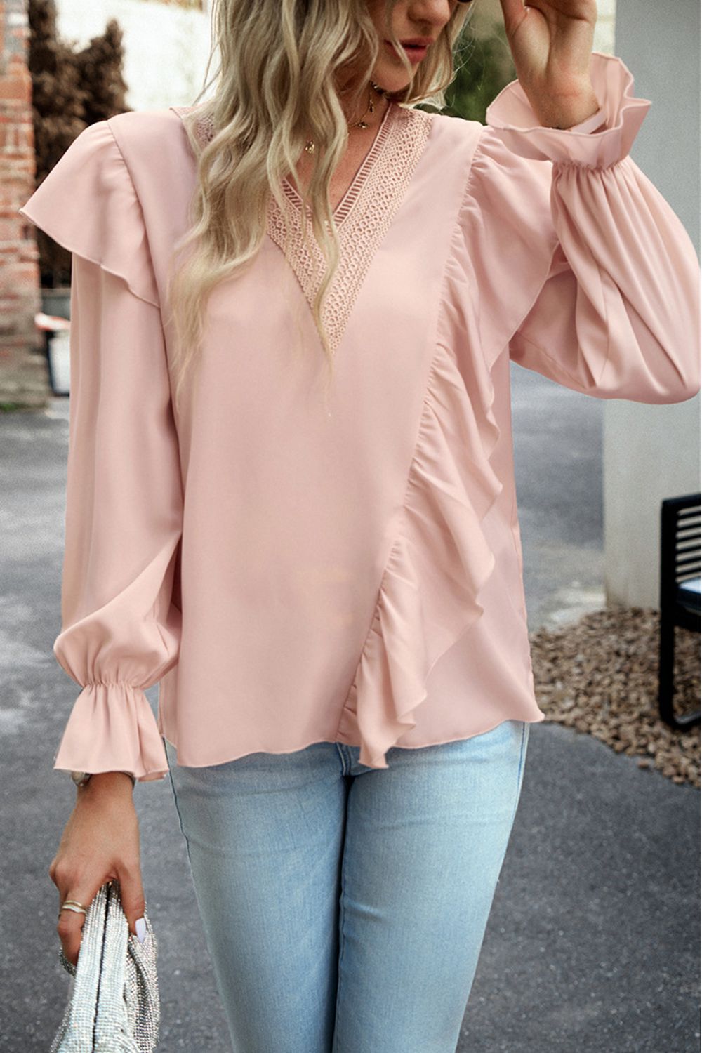 V-Neck Flounce Sleeve Ruffle Trim Blouse  - Doll Fits
