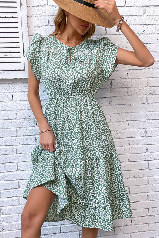 Floral Tie Neck Petal Sleeve Dress  Dresses- Doll Fits
