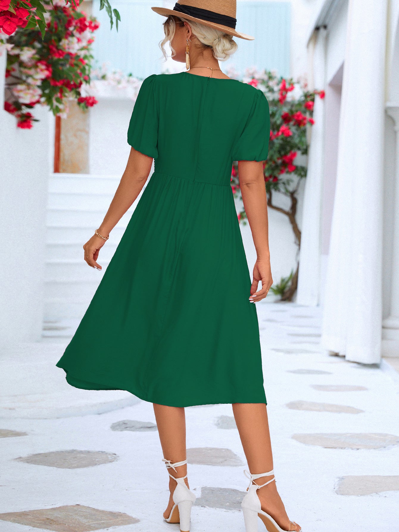 Twisted Short Puff Sleeve V-Neck Dress  Dresses- Doll Fits