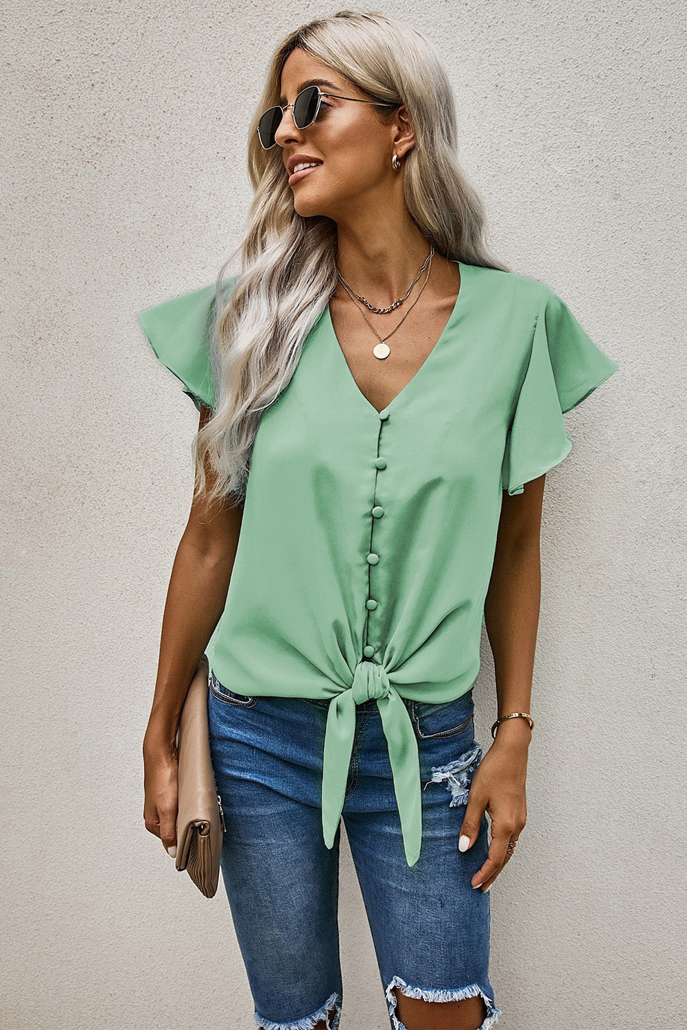 V-Neck Tie Hem Flutter Sleeve Blouse  Shirts & Tops- Doll Fits