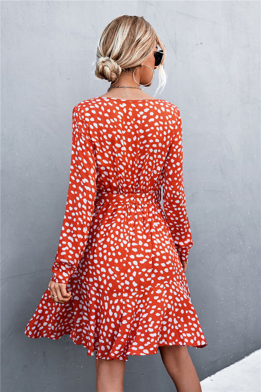 Printed V-Neck Tie Belt Ruffle Hem Mini Dress  Dresses- Doll Fits
