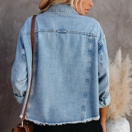 Dropped Shoulder Collared Neck Button-Down Denim Jacket  - Doll Fits
