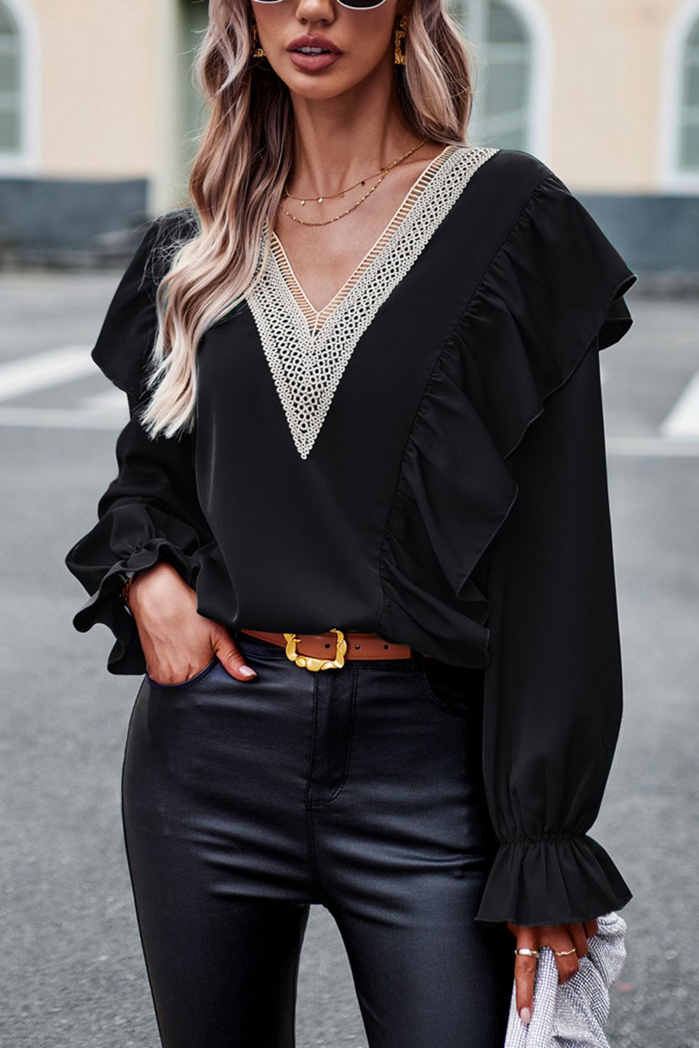 V-Neck Flounce Sleeve Ruffle Trim Blouse  - Doll Fits