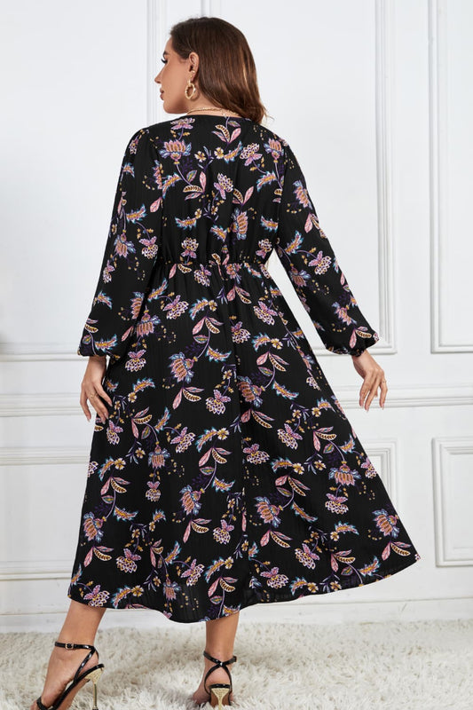 Melo Apparel Plus Size Floral Print Long Sleeve Midi Dress  Dresses- Doll Fits