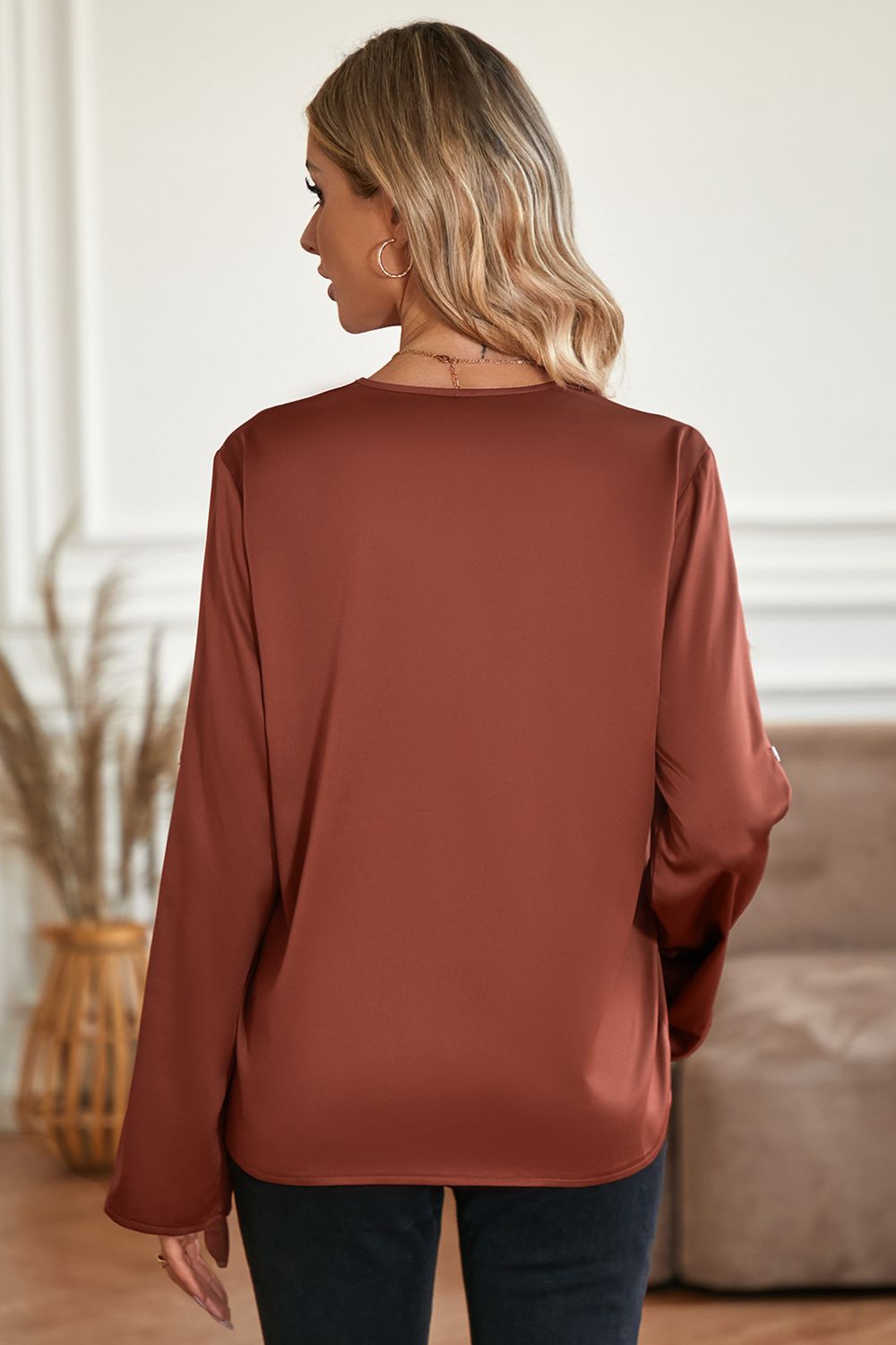 Roll-Tab Sleeve Collared Neck Blouse  - Doll Fits