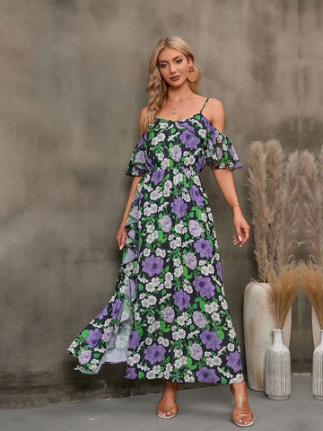 Floral Spaghetti Strap Cold-Shoulder Slit Maxi Dress  Dresses- Doll Fits