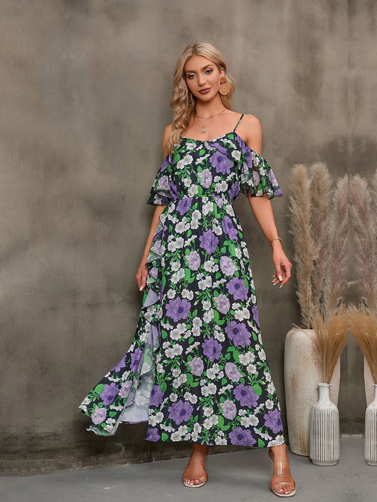 Floral Spaghetti Strap Cold-Shoulder Slit Maxi Dress  Dresses- Doll Fits