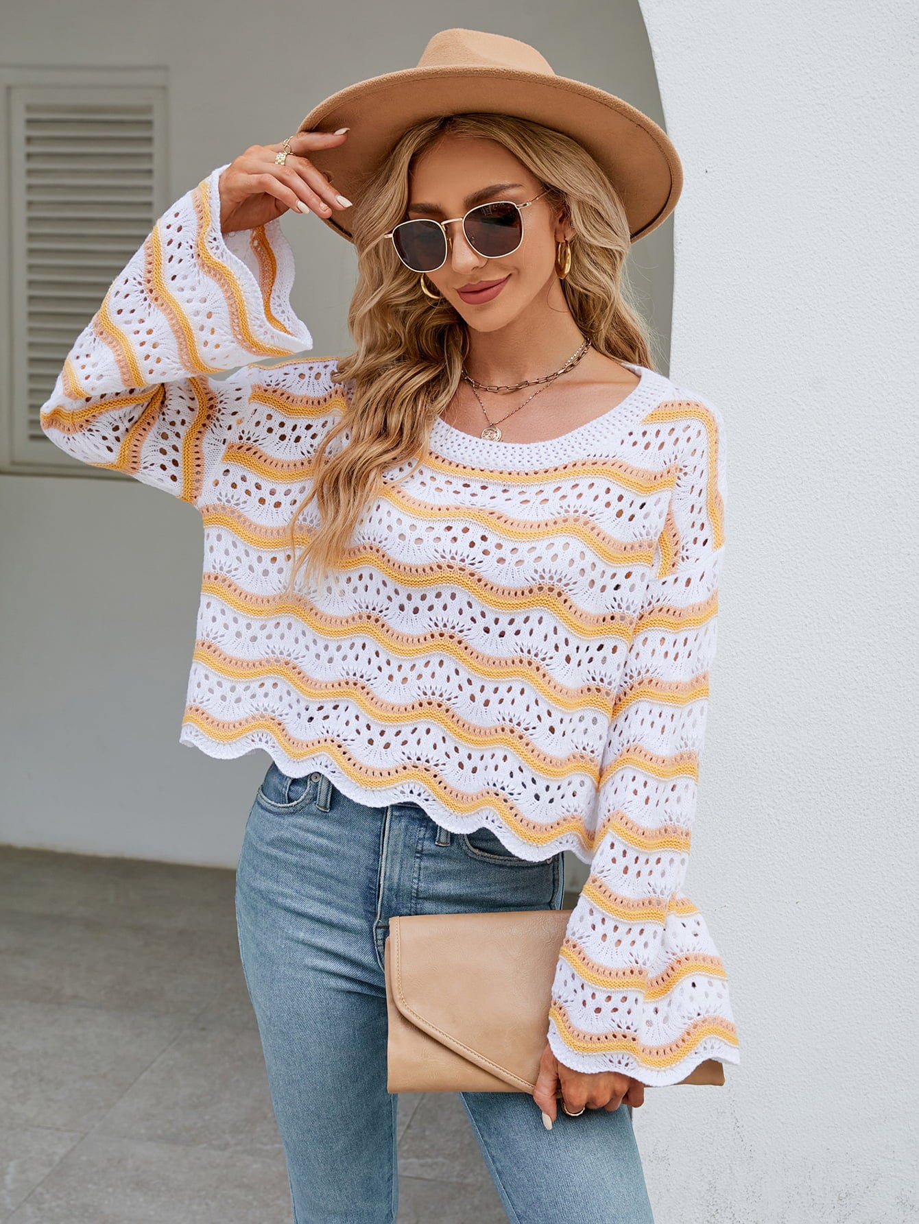 Round Neck Openwork Flare Sleeve Knit Top  - Doll Fits