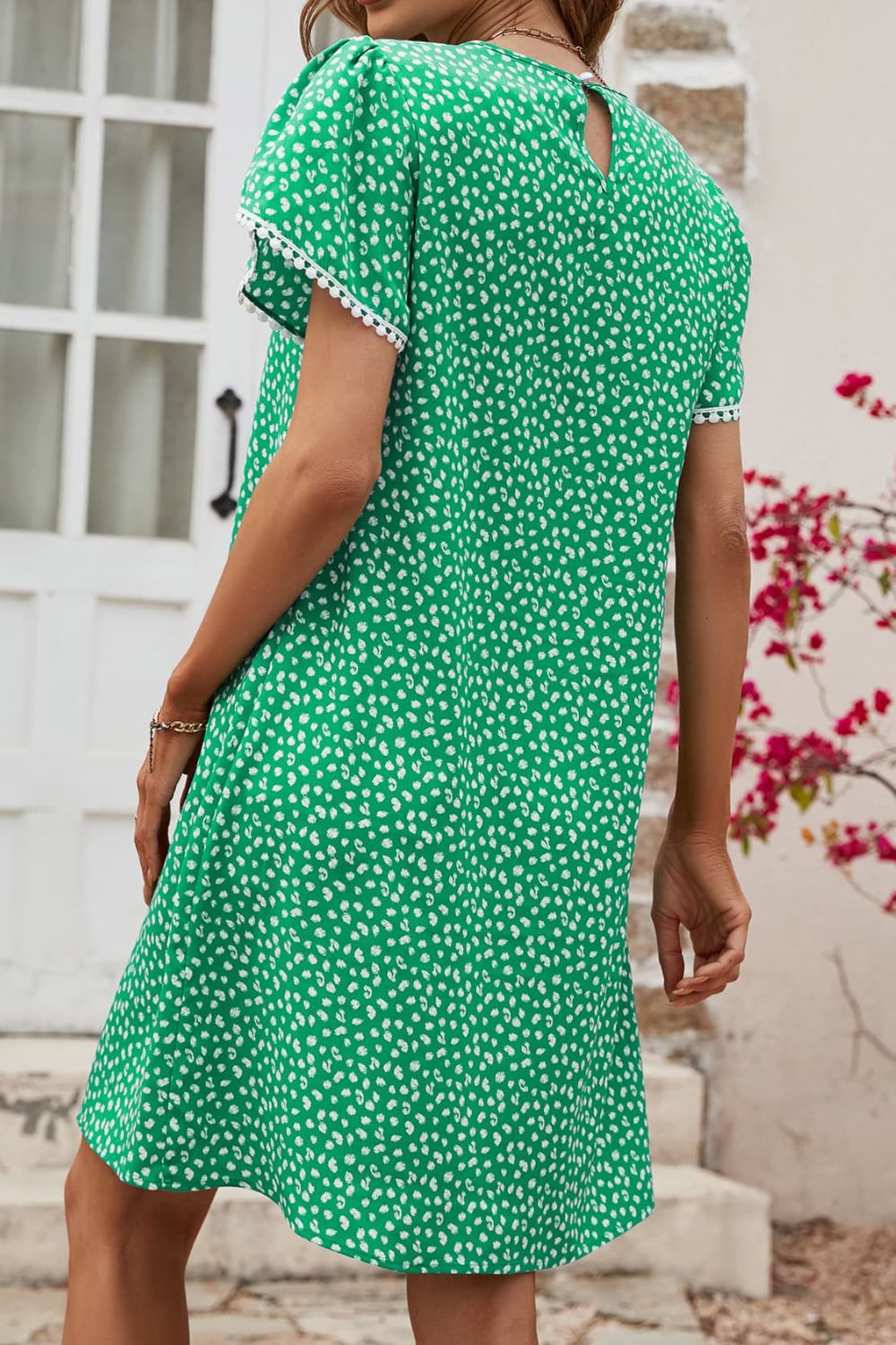 Floral Pom Pom Detail Petal Sleeve Dress  Dresses- Doll Fits
