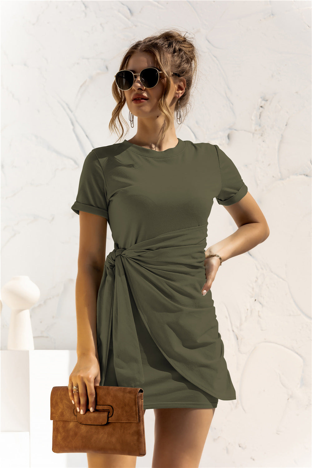 Round Neck Cuffed Sleeve Side Tie Dress  Dresses- Doll Fits