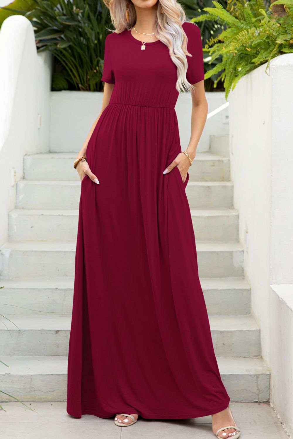 Round Neck Maxi Tee Dress with Pockets  Dresses- Doll Fits