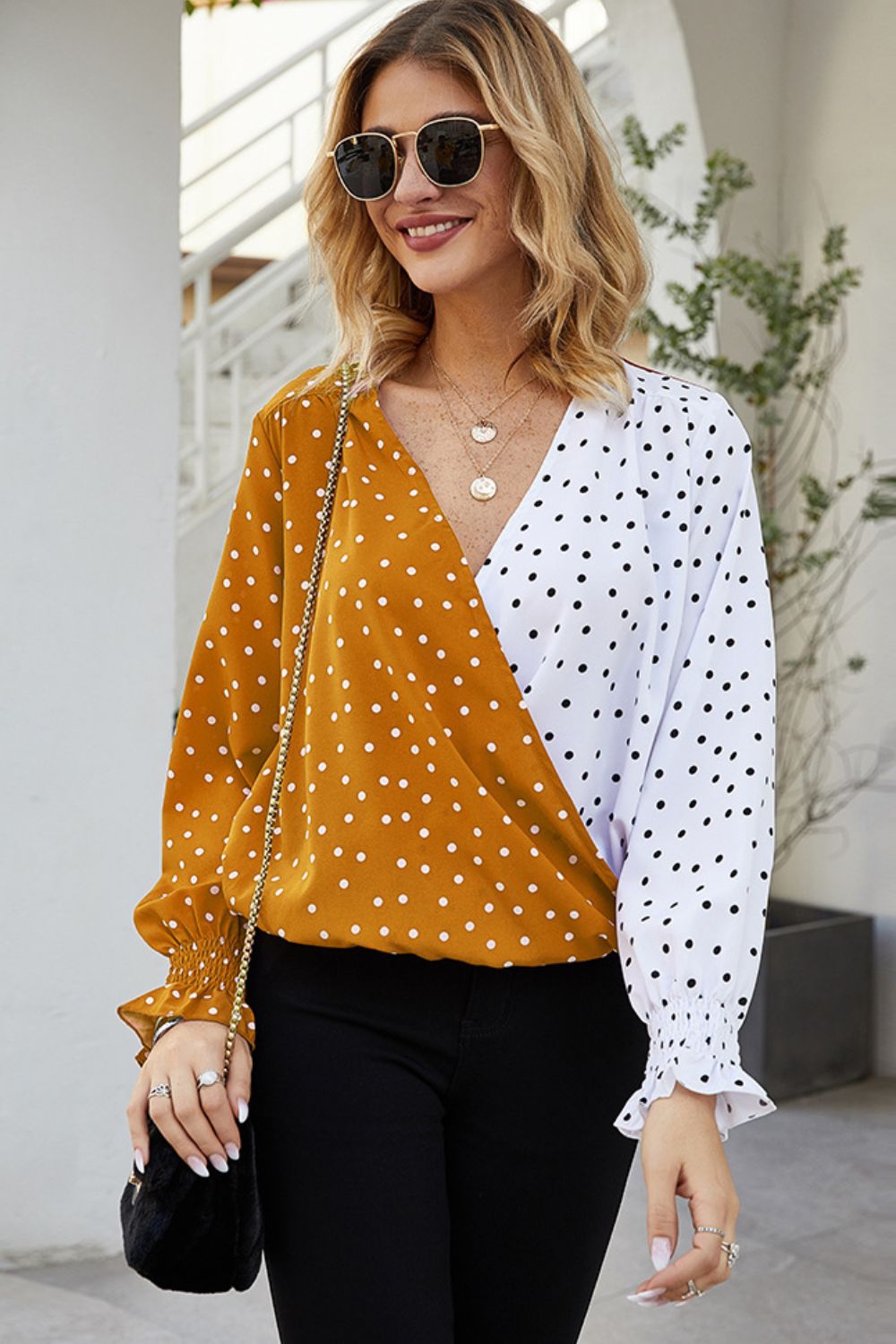 Polka Dot Surplice Neck Lantern Sleeve Blouse  - Doll Fits