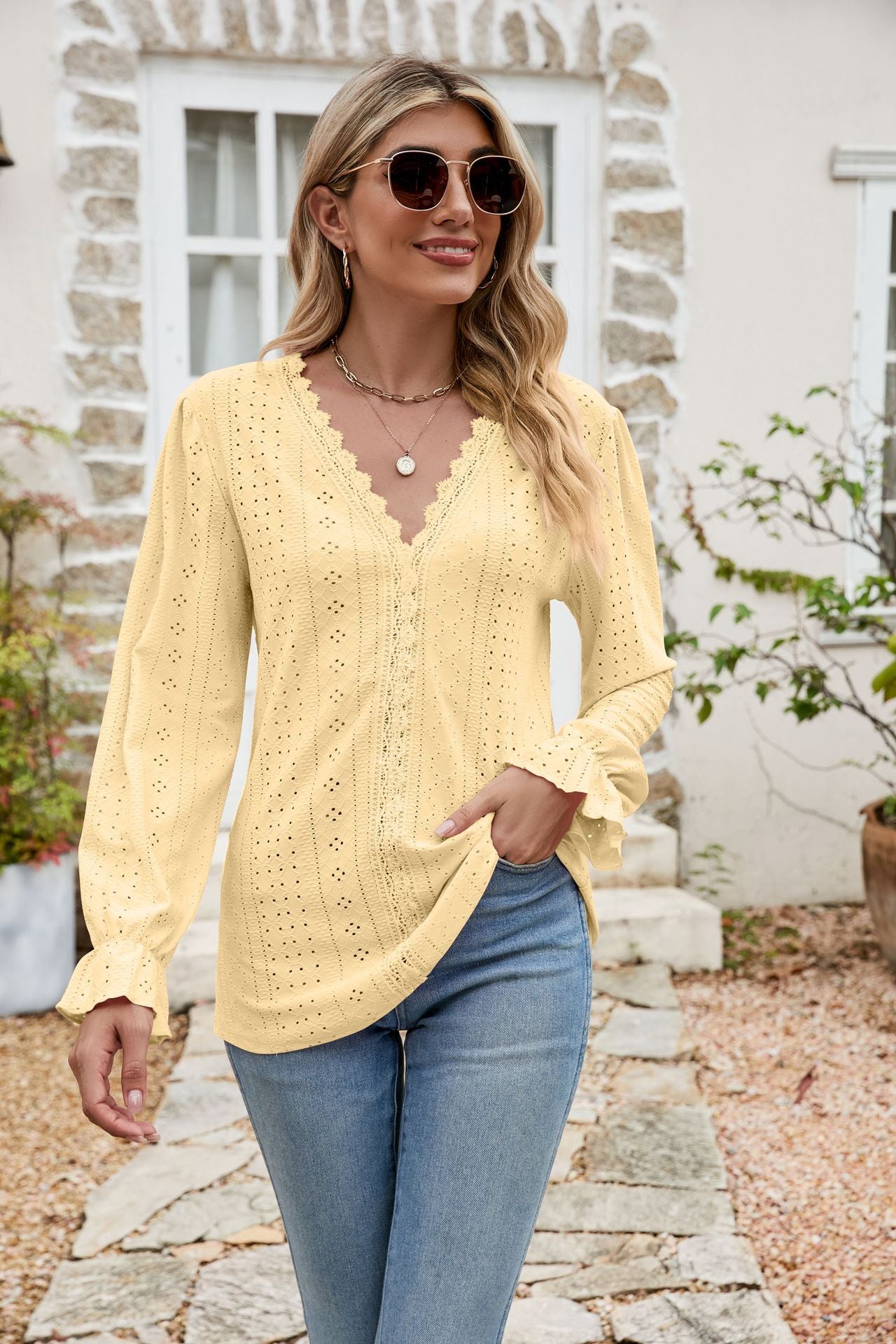 Eyelet Lace Trim Flounce Sleeve Blouse  Shirts & Tops- Doll Fits