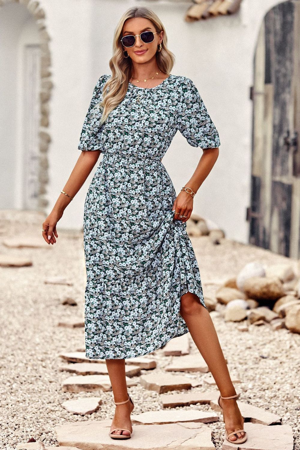 Floral Cutout Puff Sleeve Midi Dress  Dresses- Doll Fits