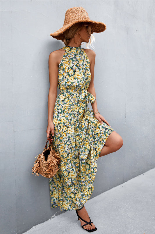 Printed Sleeveless Tie Waist Maxi Dress  Dresses- Doll Fits