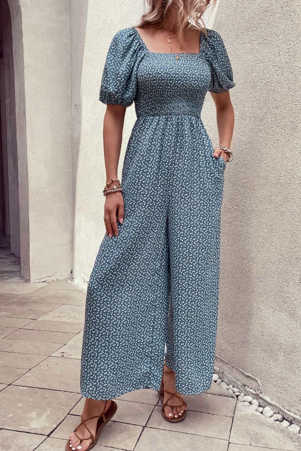 Printed Square Neck Jumpsuit with Pockets  Jumpsuits & Rompers- Doll Fits