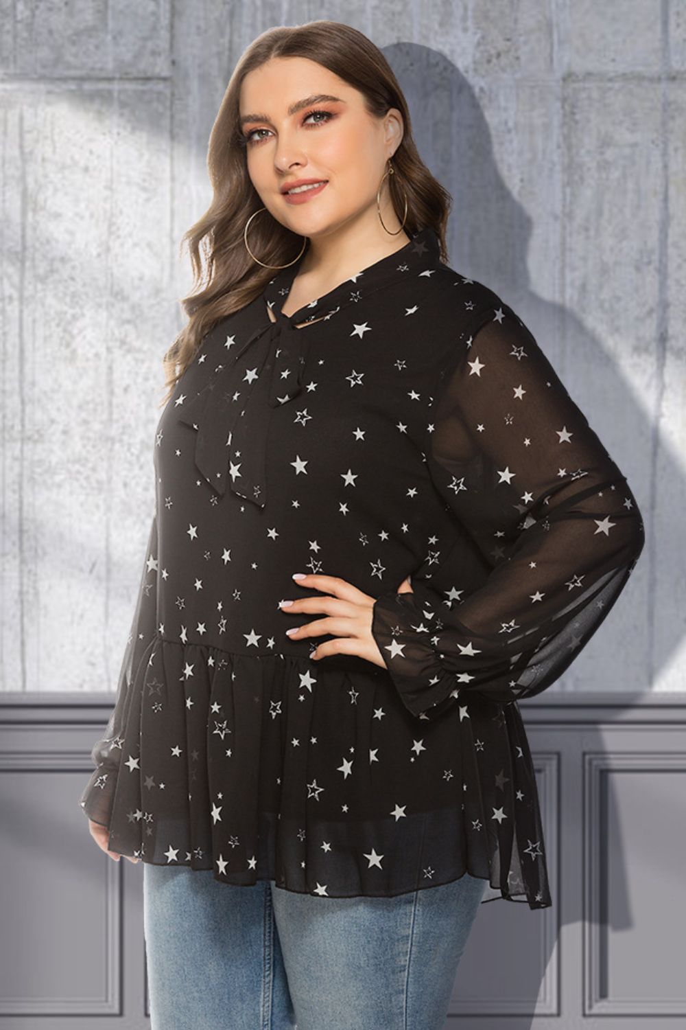 Plus Size Star Print Tie-Neck Peplum Blouse  Shirts & Tops- Doll Fits