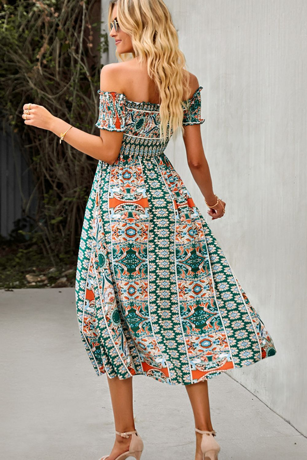 Bohemian Off-Shoulder Frill Trim Split Dress  Dresses- Doll Fits