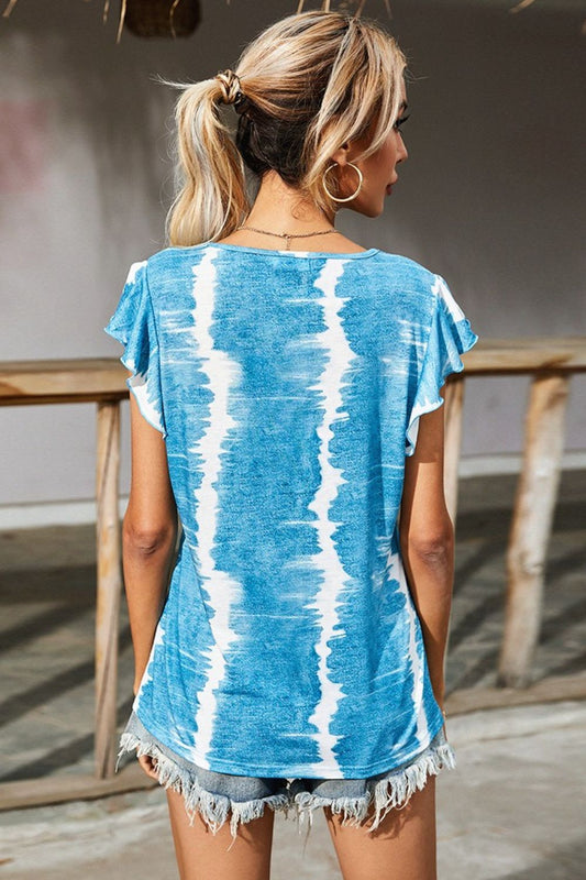 Tie-Dye Buttoned Flutter Sleeve Blouse  Shirts & Tops- Doll Fits