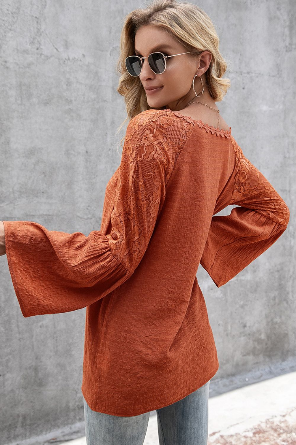V-Neck Spliced Lace Flare Sleeve Top  Shirts & Tops- Doll Fits