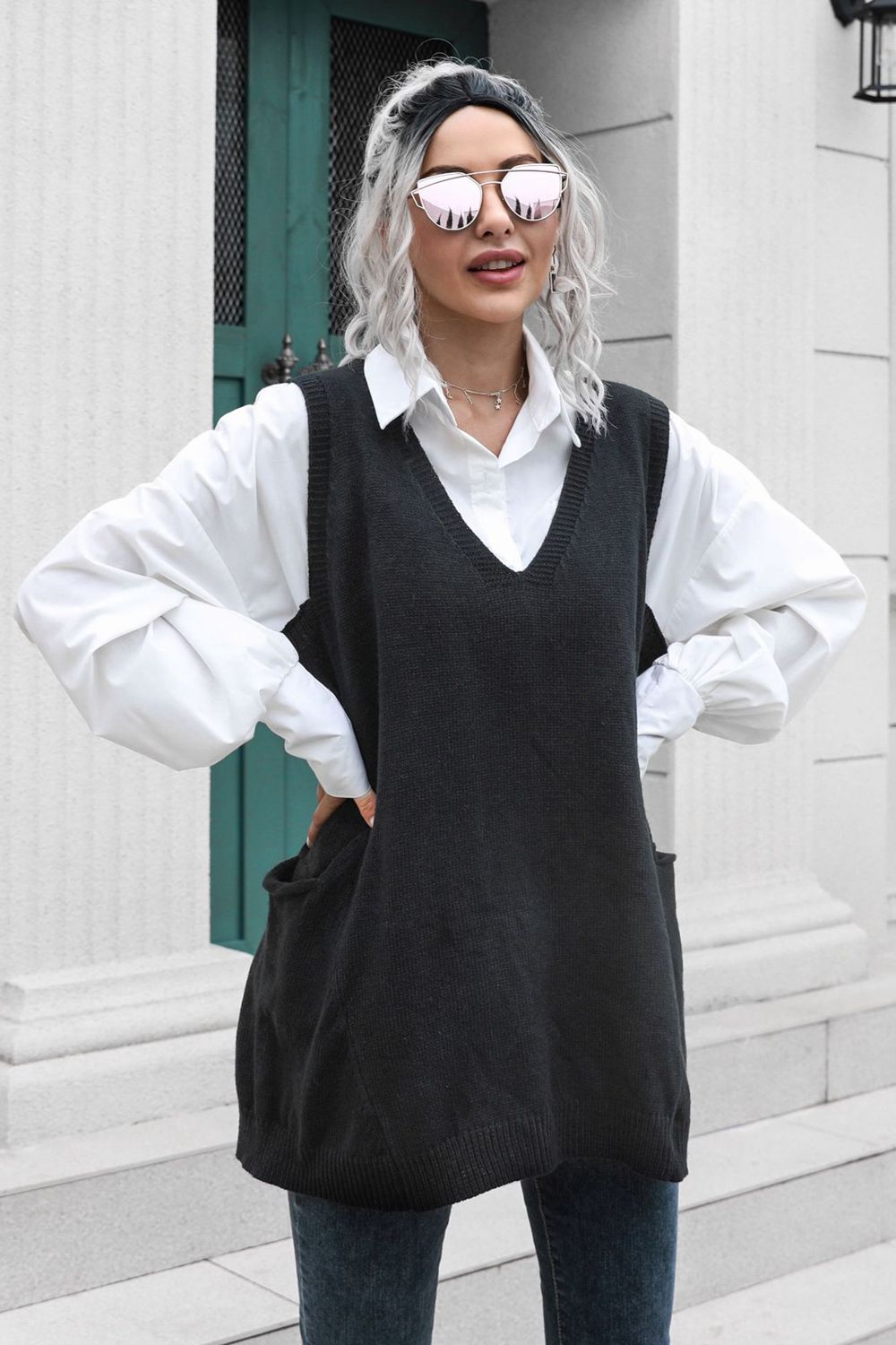 V-Neck Sleeveless Sweater Vest with Pocket  - Doll Fits