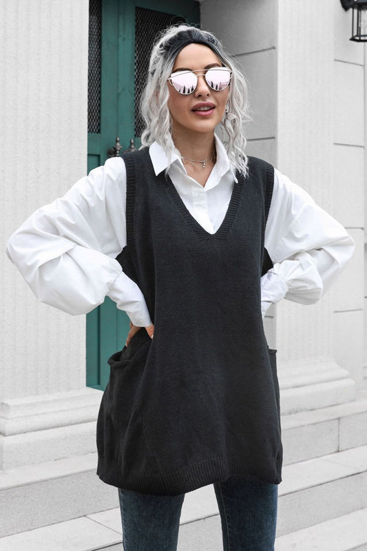 V-Neck Sleeveless Sweater Vest with Pocket  - Doll Fits