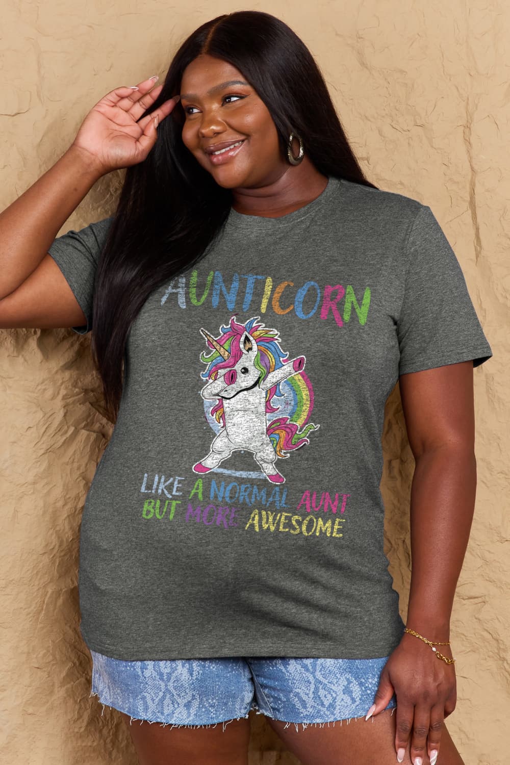Simply Love Full Size AUNTICORN LIKE A NORMAL AUNT BUT MORE AWESOME Graphic Cotton Tee  - Doll Fits