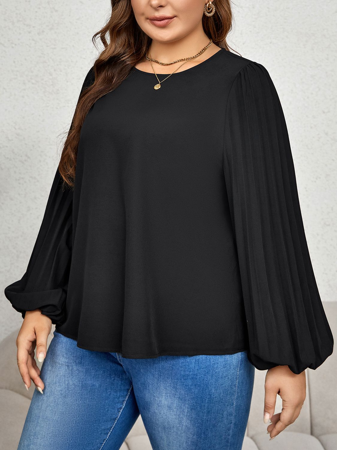 Plus Size Round Neck Puff Sleeve Blouse  - Doll Fits