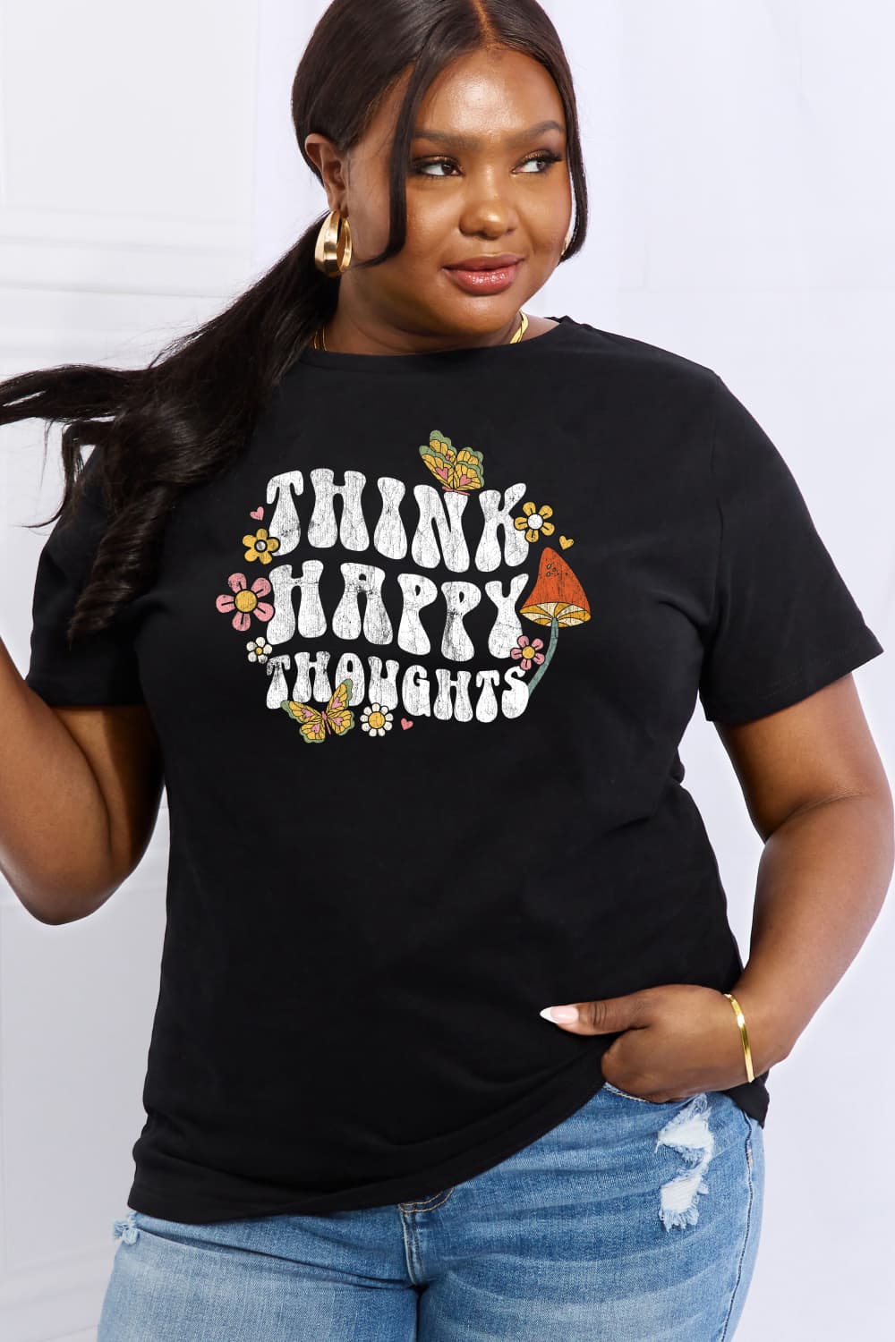 Simply Love Full Size THINK HAPPY THOUGHTS Graphic Cotton Tee  - Doll Fits